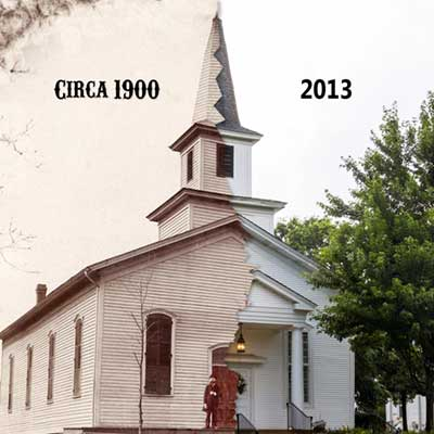 The Long Grove Community Church, formerly the German United Evangelical Lutheran Reformed Church, with its original 1848 sanctuary, 1870's bell-tower extension, and 1930's portico